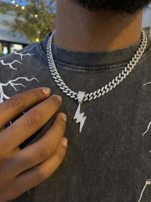 Iced Cuban Chain with Lightning Bolt Pendant – on model, silver, close | XoKool