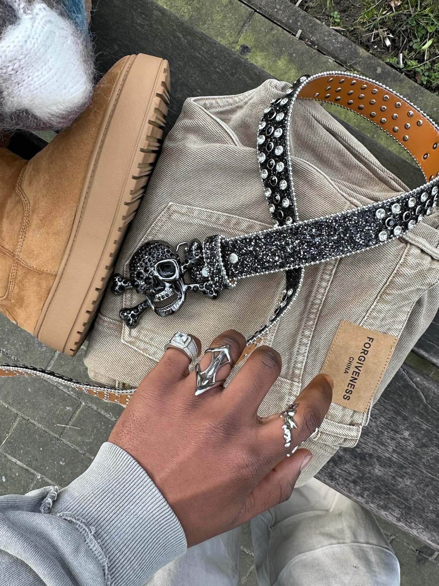 Rhinestone Skull Belt Genuine Leather Edgy Glam Style - 19601