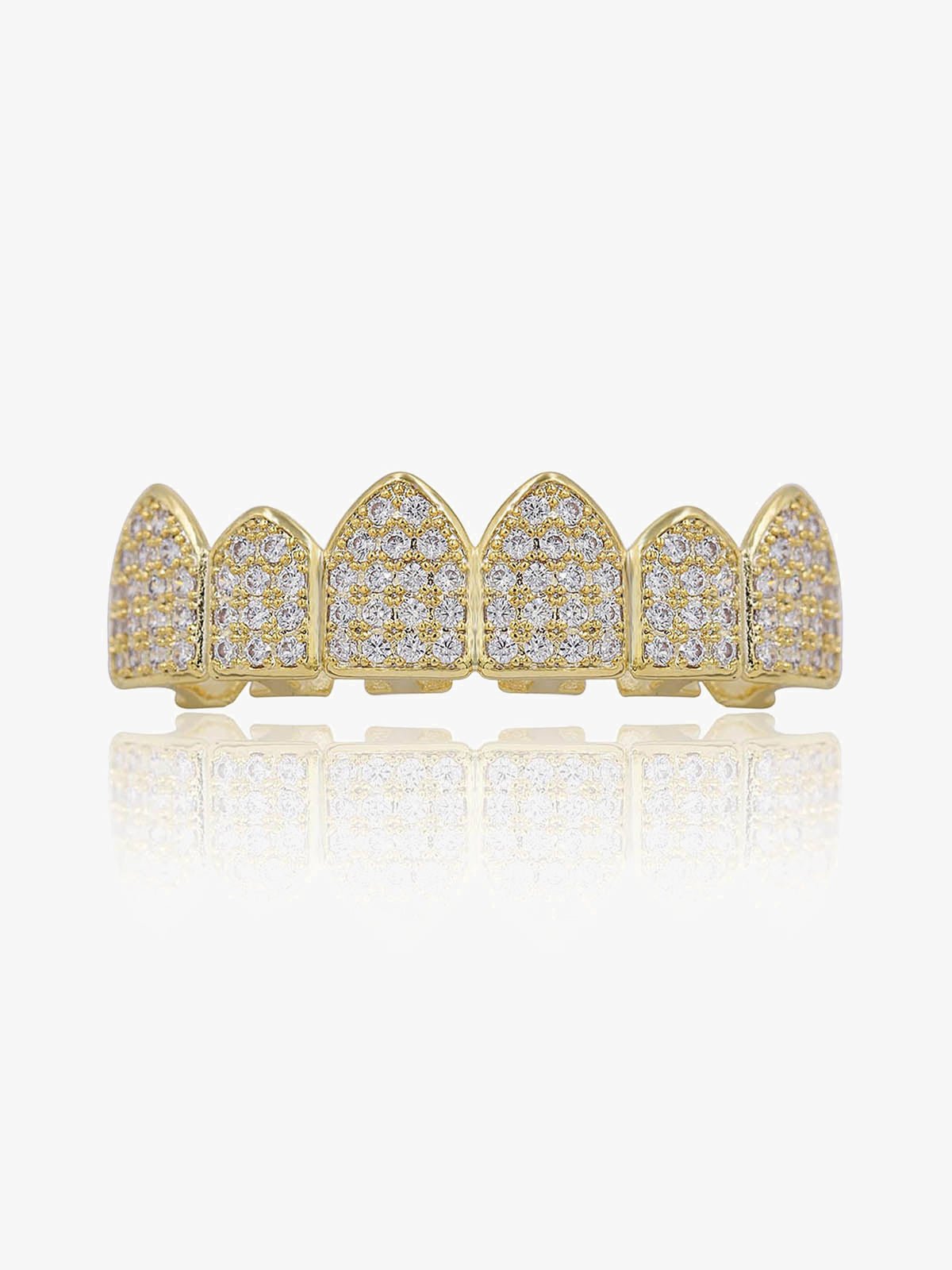 Iced Out Vampire Fang Grillz Top and Bottom Set – Gold, top grill front view | XoKool