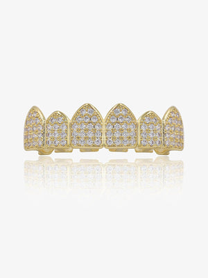Iced Out Vampire Fang Grillz Top and Bottom Set – Gold, top grill front view | XoKool