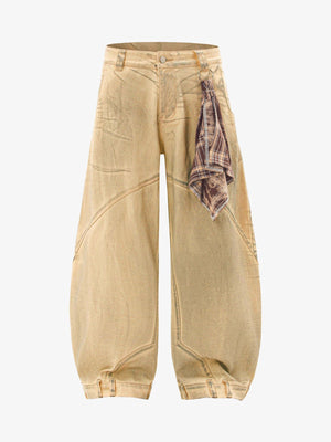 Pale Yellow Barrel Leg Jeans with Bandana – front flat with scarf | XoKool