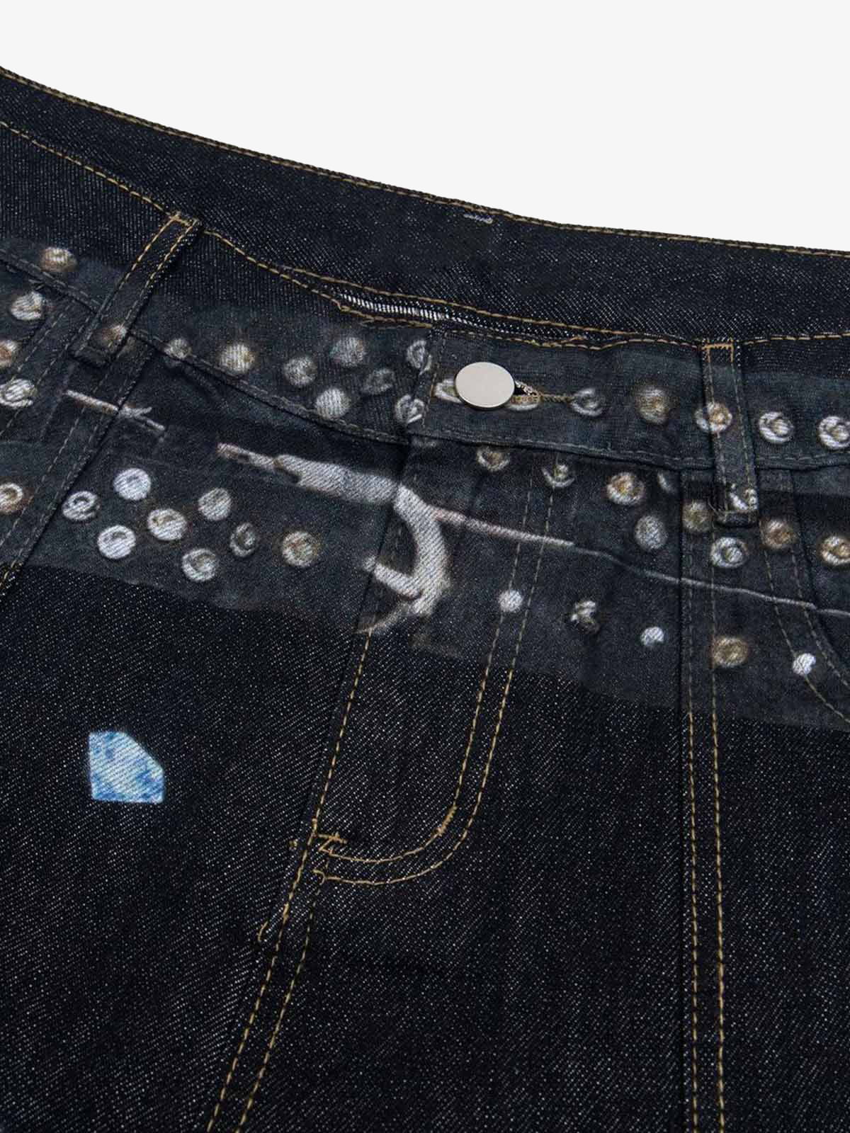Printed belt jeans – waist studs print close-up | XoKool