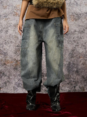 Drawstring Elastic Waist Barrel Jeans – on model, front close | XoKool