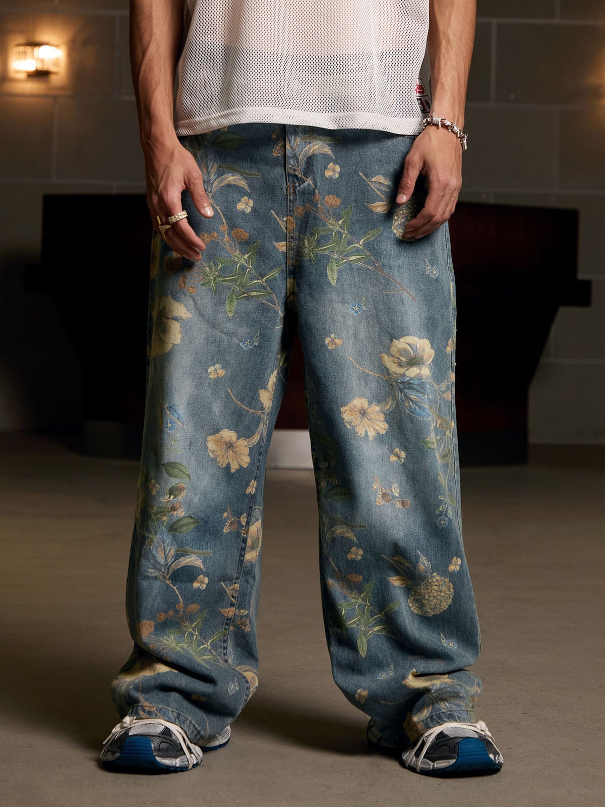 Denim Floral Print Carpenter Jeans