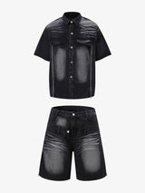 Distressed Washed Workwear Denim Shirt And Jorts Set