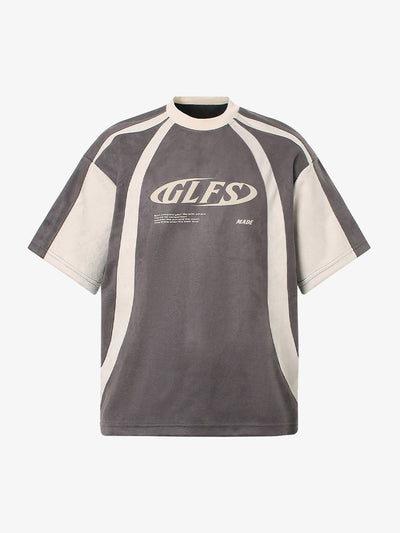 Grey Color Block Suede-Look Graphic Tee