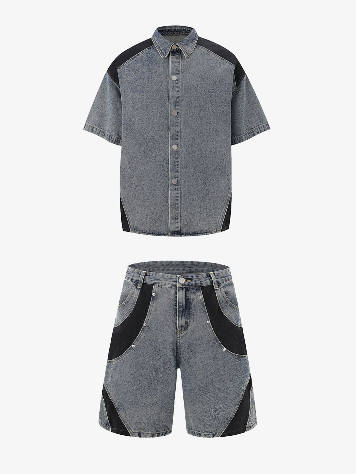 Deconstructed Patchwork Short-Sleeve Cropped Denim Set