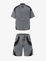 Deconstructed Patchwork Short-Sleeve Cropped Denim Set