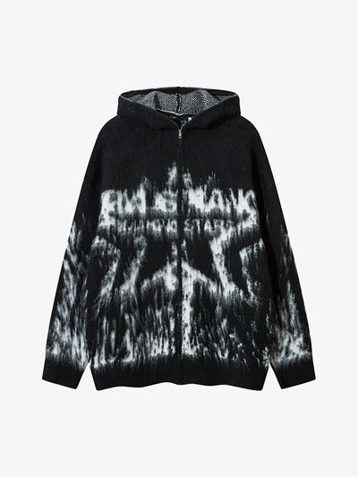 Star Mohair Fuzzy Hooded Zip Up Sweater
