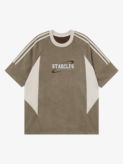 Suede Contrast Color Spliced Letter Embroidery Oversize T-Shirt