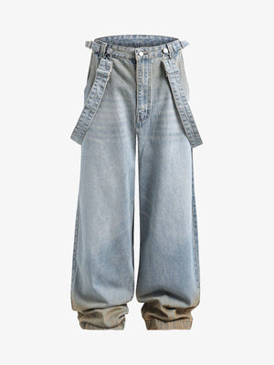 Light Blue Wide Leg Jeans with Detachable Straps – front | XoKool