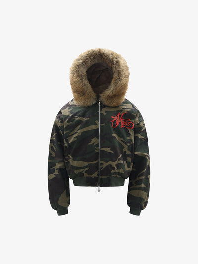 Bomber Corto Camo con Cappuccio in Pelliccia Sintetica