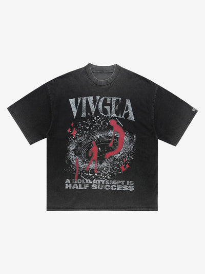 Acid Wash Oversized Graphic Tee with Crowd Print