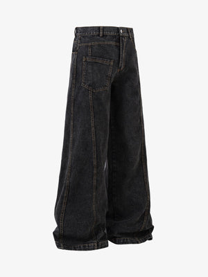 Washed Black Baggy Jeans with Curved Seams – flat front 3/4 | XoKool