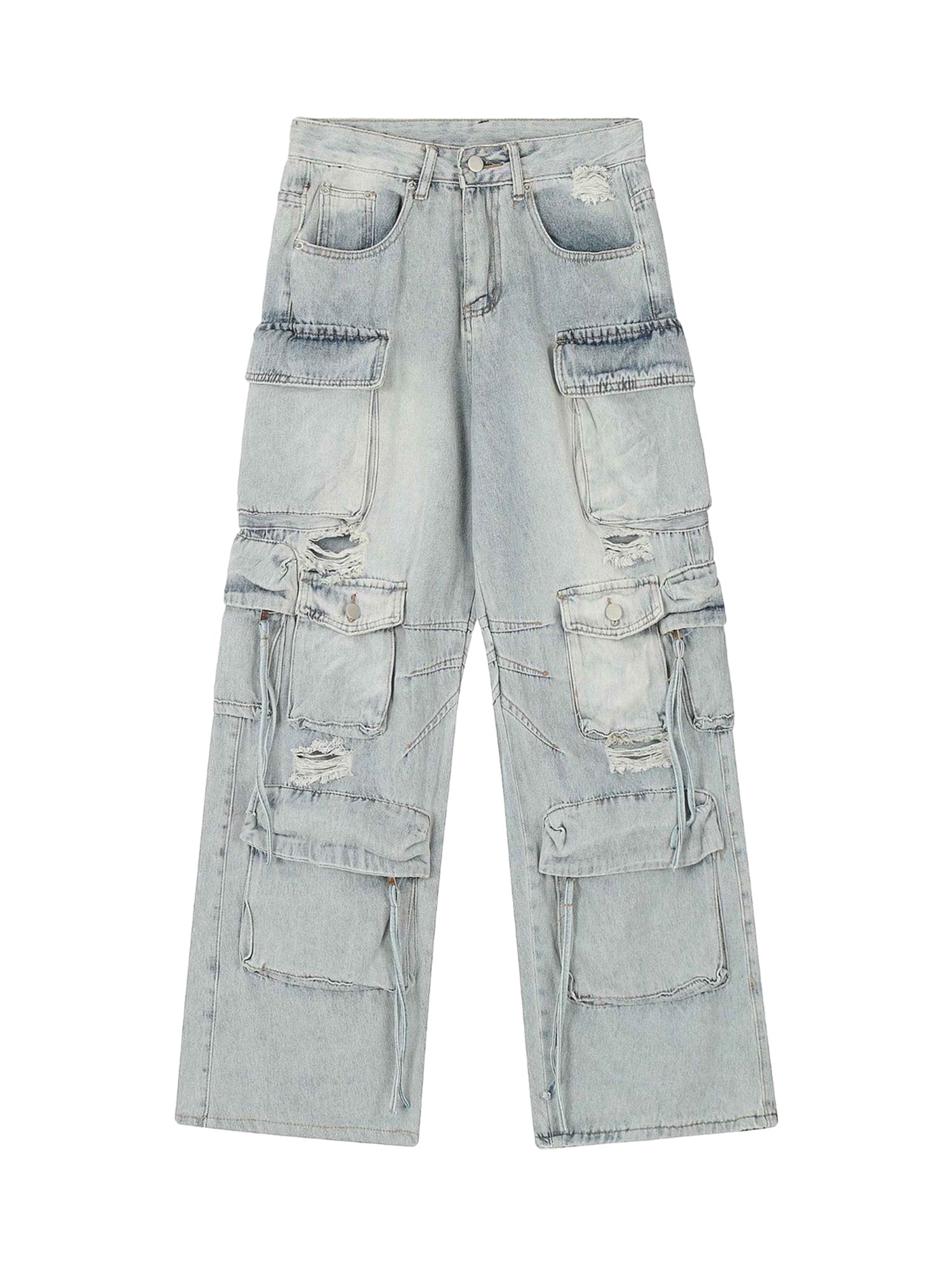 Washed Multi Pocket Work Cargo Jeans Urban Streetwear Style - 10602