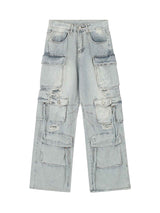 Washed Multi Pocket Work Cargo Jeans Urban Streetwear Style - 10602