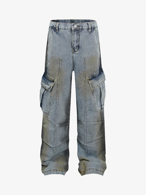 Dirty Wash Cargo Jeans mit Biesennähten – Blau, Vorderseite flach | XoKool