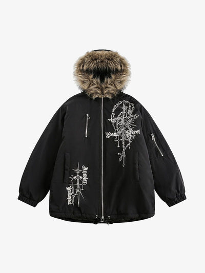 Parka nero ricamato con cappuccio bordato in pelliccia sintetica