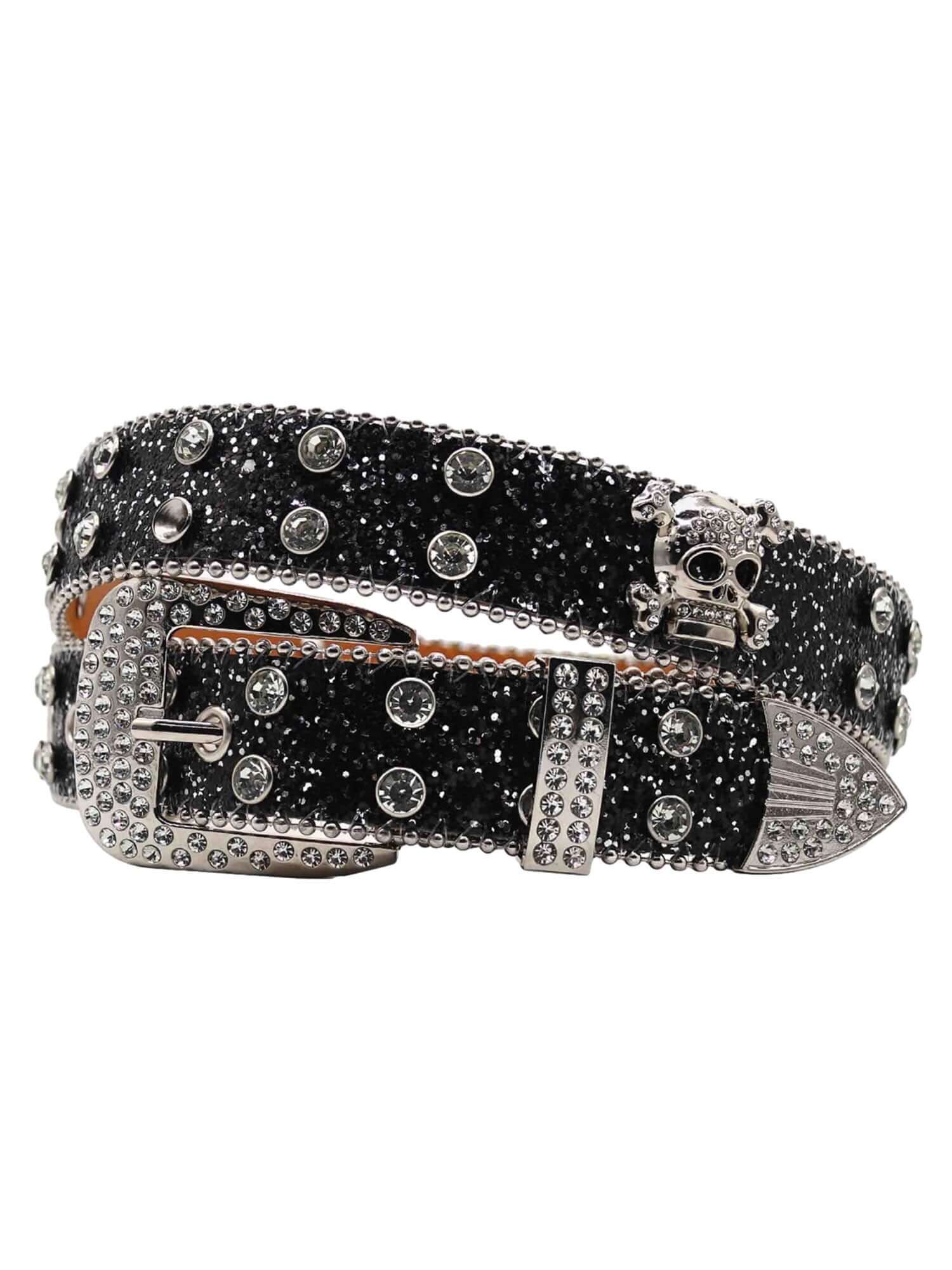 Rhinestone Skull Belt Genuine Leather Edgy Glam Style - 19601