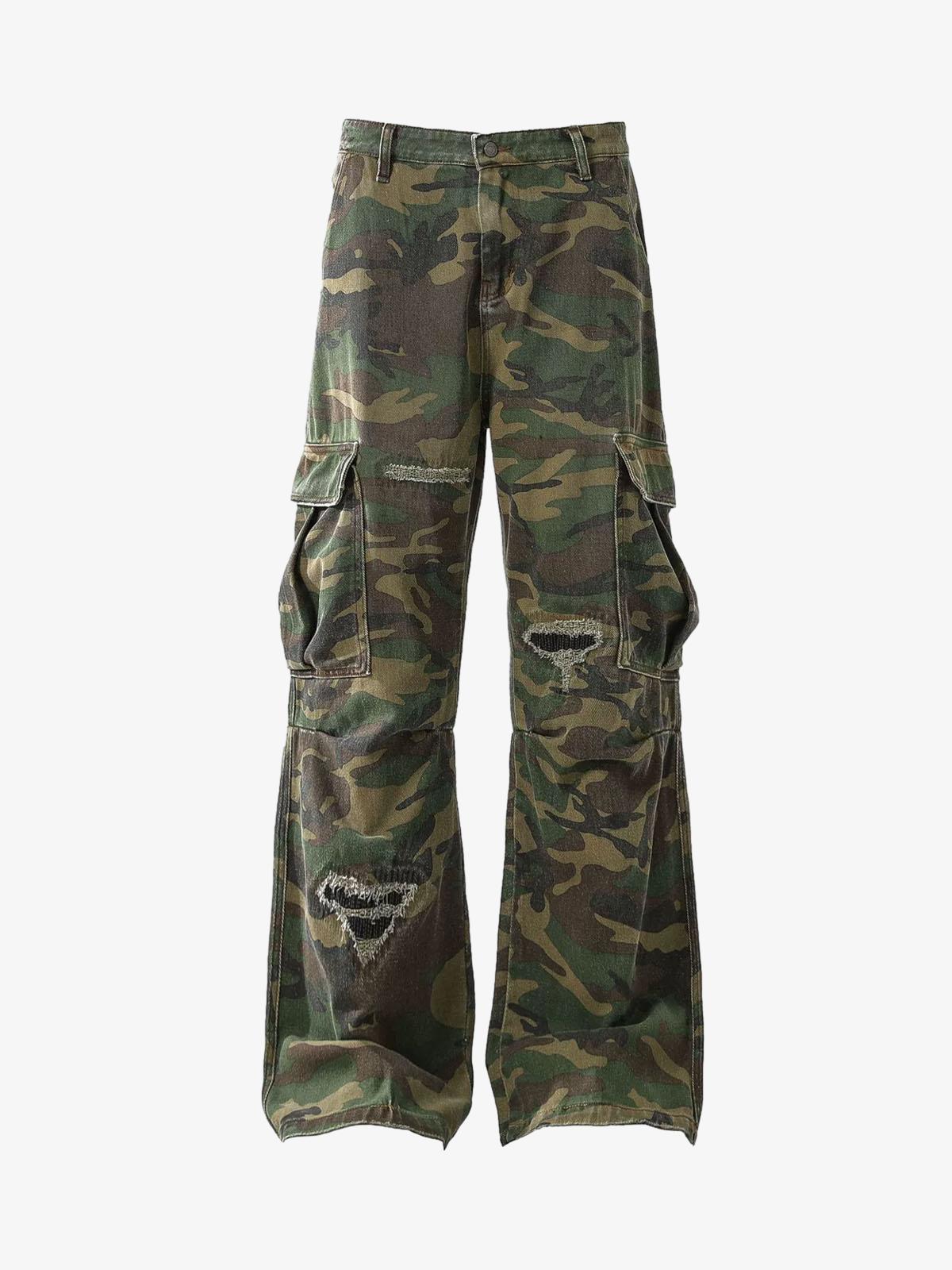 Woven Ripped Camouflage Flared Cargo Pants