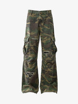 Woven Ripped Camouflage Flared Cargo Pants
