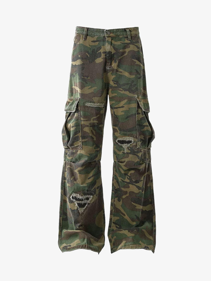 Ripped Camo Cargo Pants with Slight Flare