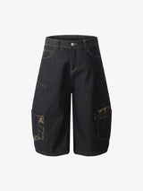 Washed Cheetah Print Patchwork Denim Jorts
