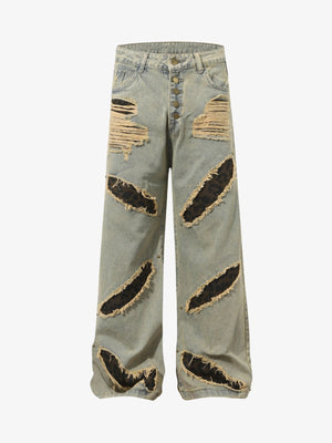 Ripped Baggy Jeans with Leopard Patches – Light Vintage Blue, front flat | XoKool