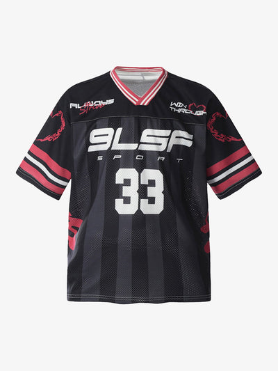 Black Striped Mesh Jersey with Flame Print
