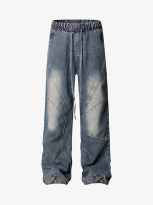 Elastic Waist Drawstring Jeans with Curved Panels – Blue, front | XoKool