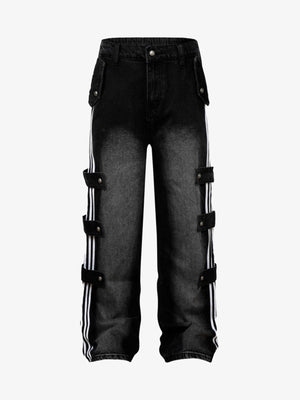 Faded Black Side Stripe Jeans with Strap Tabs – flat front | XoKool