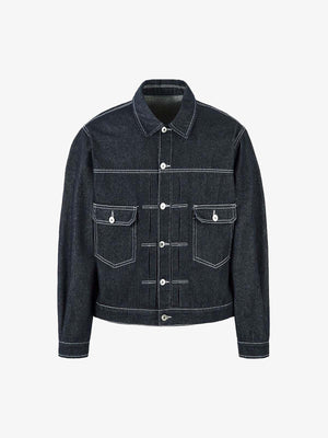 Chaqueta trucker de denim crudo con costuras en contraste – vista plana frontal | XoKool