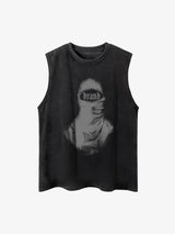 Retro Distressed Character Print Street Rap Vest