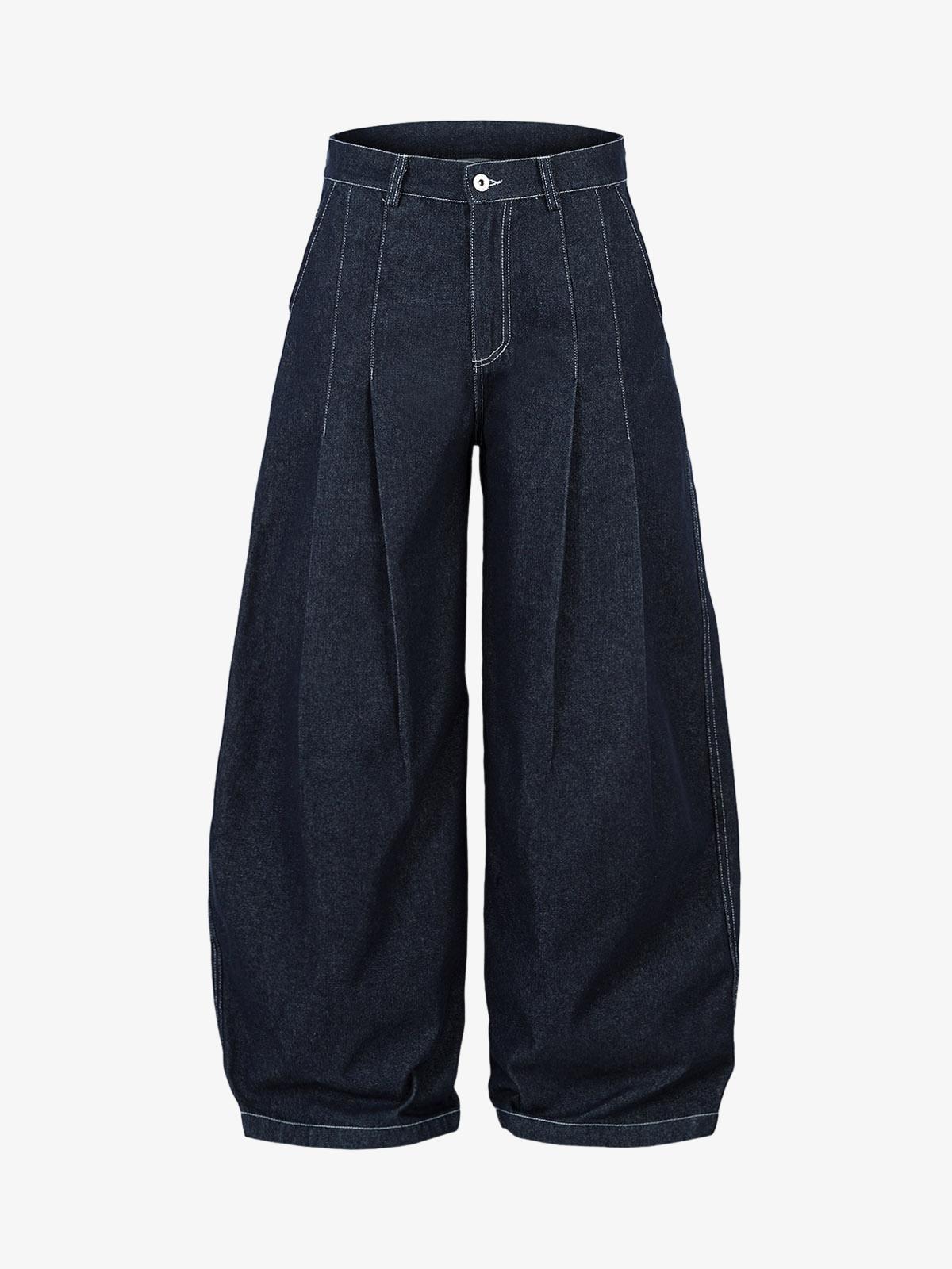 Deconstructed Contrast Stitching Pleated Baggy Barrel Jeans