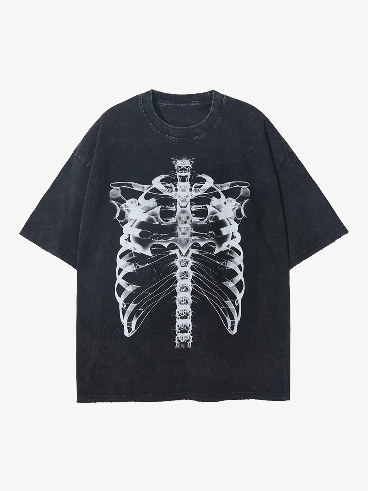 Loose Retro Ribbed Print Washed T-shirt