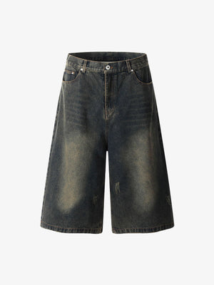 Jorts baggy azul oscuro con efecto lavado vintage – Azul oscuro vintage, vista frontal plana | XoKool
