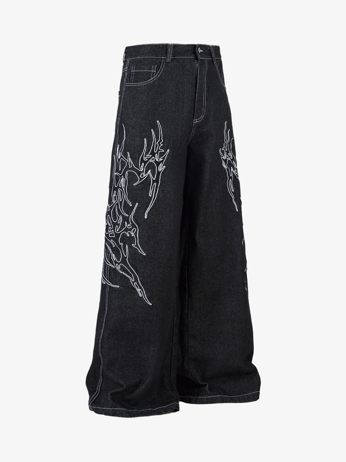 Black Baggy Jeans with Flame Embroidery – side | XoKool