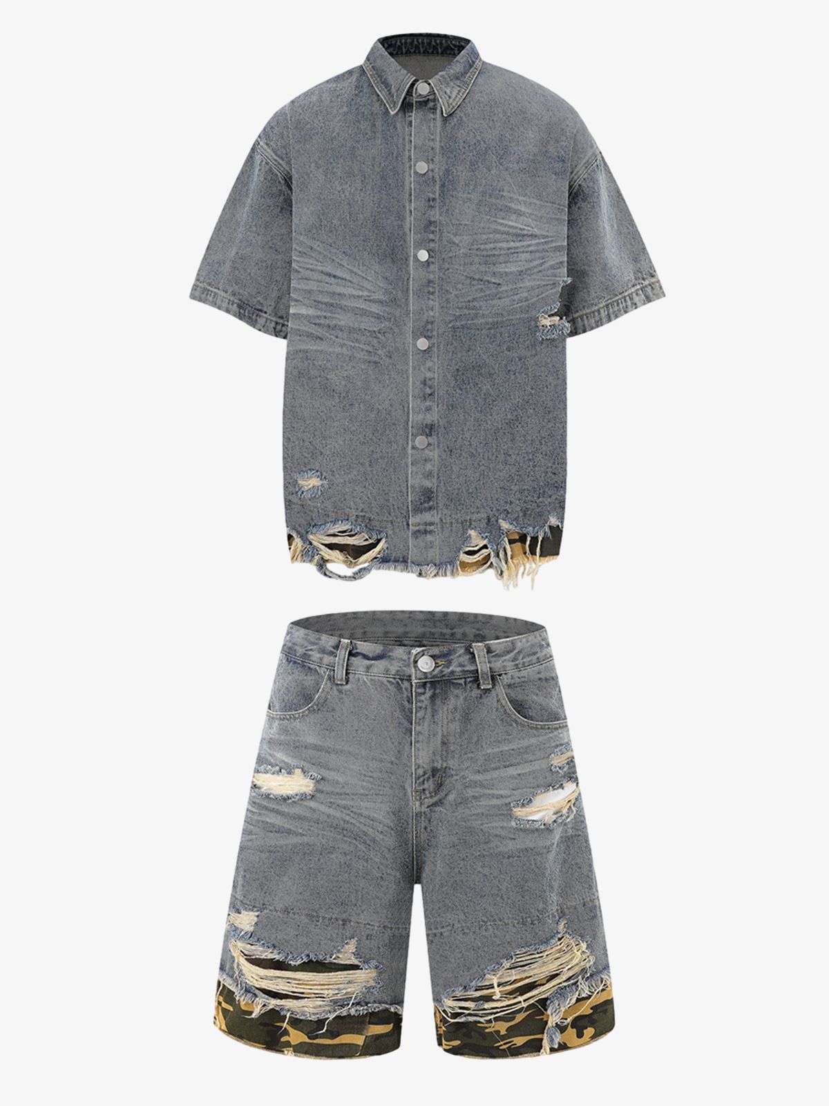 Patchwork Camouflage Ripped Shirt Jorts Denim Suit