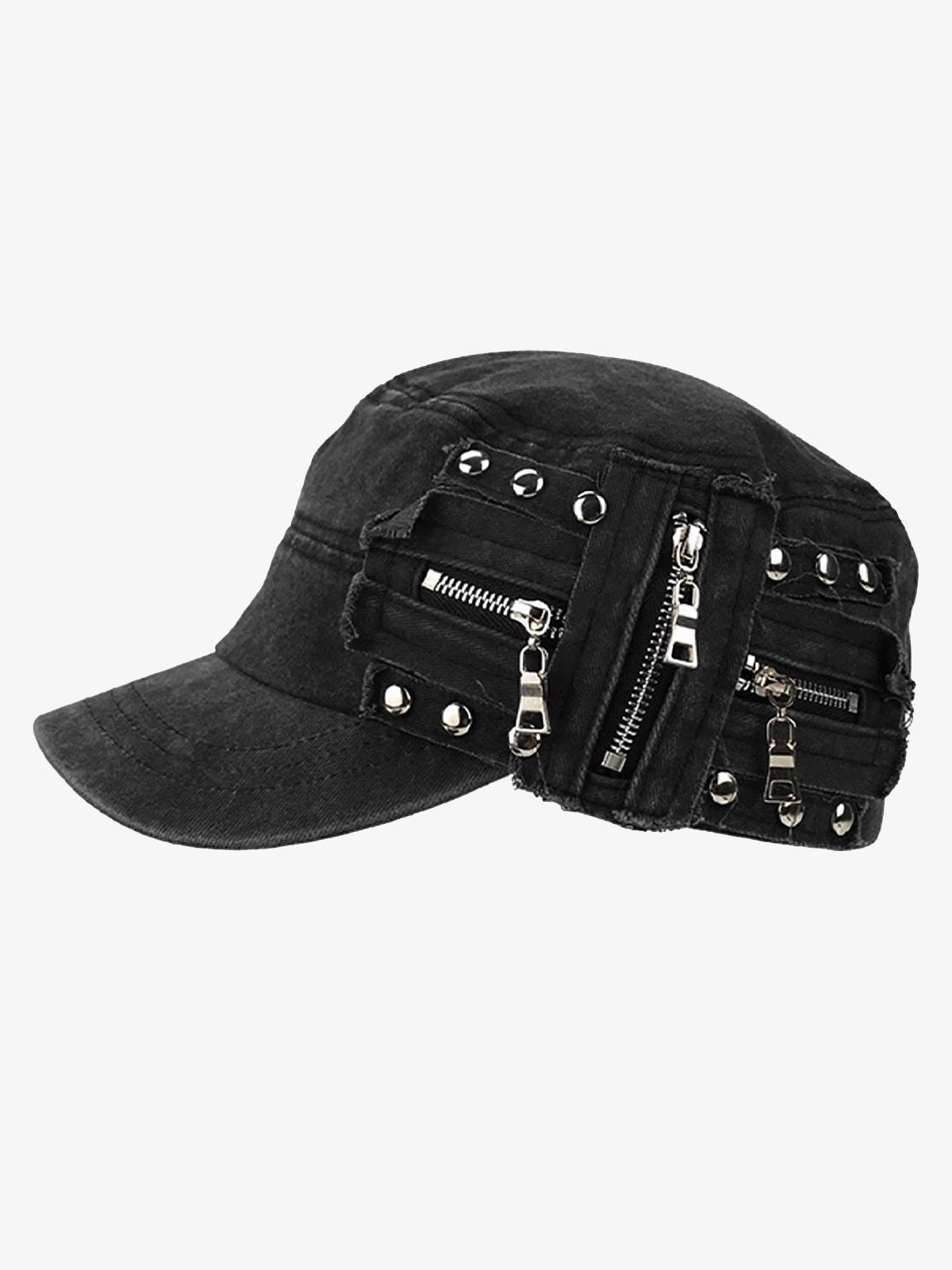 Washed Rivet Zipper Flat Top Cap