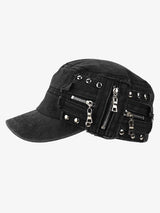 Washed Rivet Zipper Flat Top Cap