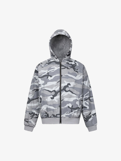 Giacca con Cappuccio Camo Grigia con Interno in Sherpa
