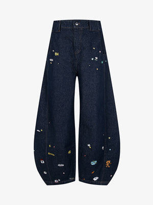 Embroidered Barrel Jeans with Cute Patches – Dark Indigo flat front | XoKool
