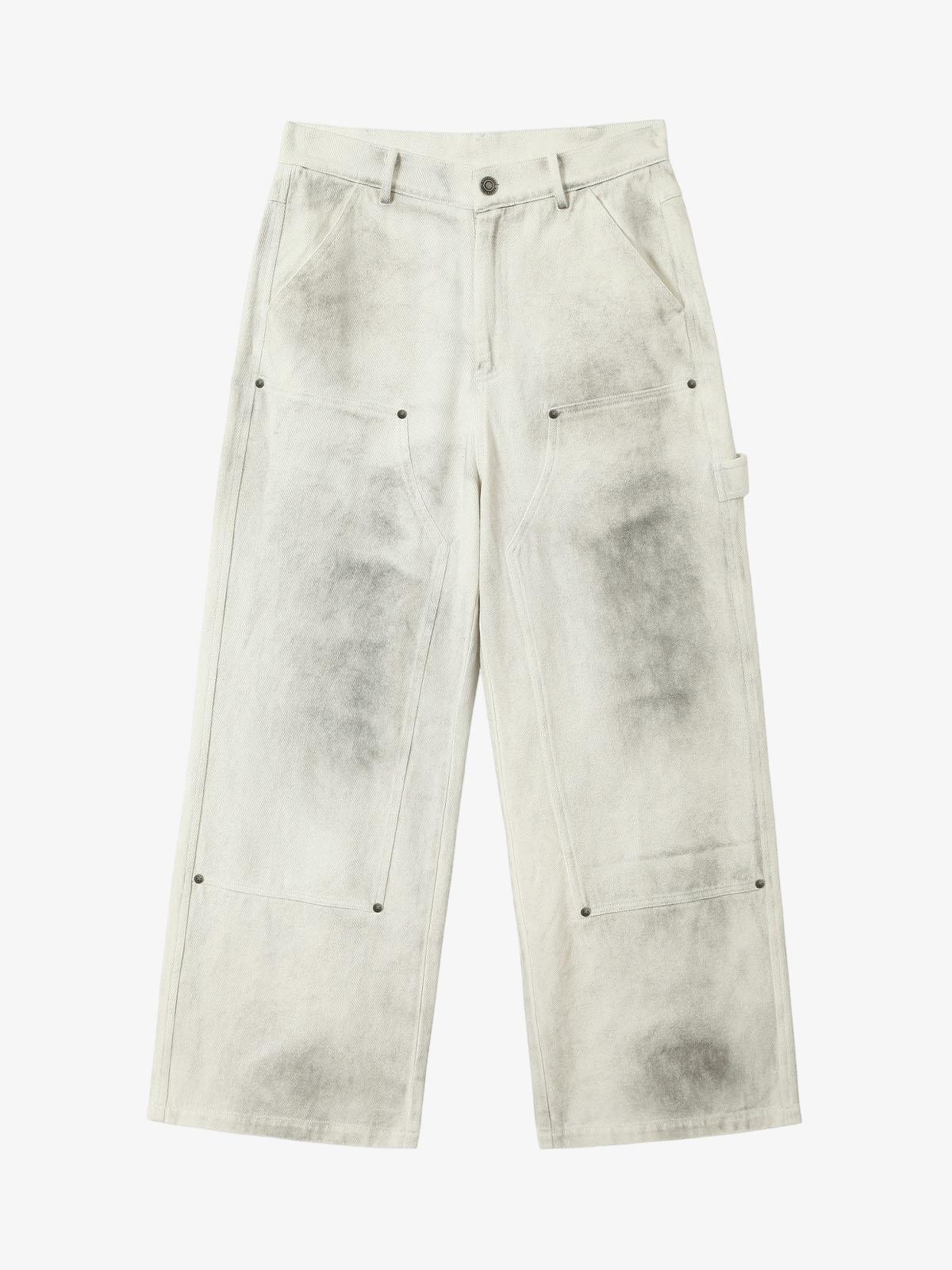 Washed Tie-Dyed  White Work Pants