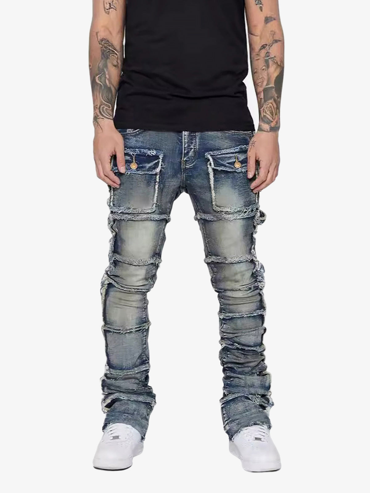 Stretch Patch Layered Bootcut Stacked Jeans