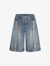 Embroidered Floral Culottes Denim Jorts