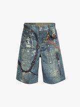Retro Scissors Print Cropped Denim Shorts