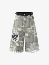 Ripped Applique Embroidered Camouflage Jorts