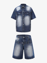 Distressed Washed Workwear Denim Shirt And Jorts Set