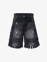 Ripped Washed Tassel Cargo Denim Shorts