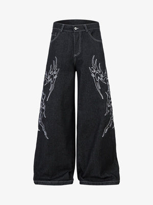 Black Baggy Jeans with Flame Embroidery – front | XoKool